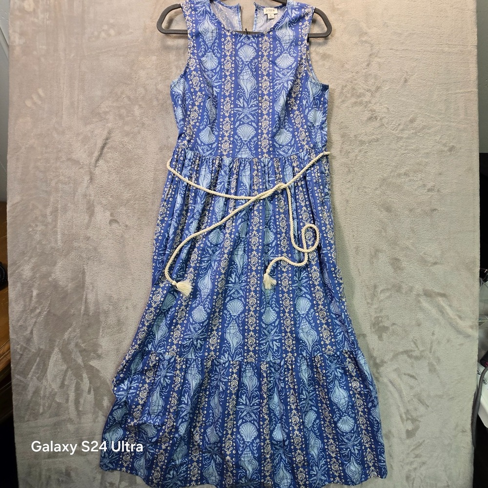 J.Crew Tiered Maxi Dress Womens 6 Blue Seashell Print Sleeveless Belted Back Zip
